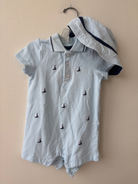 Little Me | 9 Months | 2 Piece Ensemble - Blue - Romper + Hat with Embroidered Sailboats