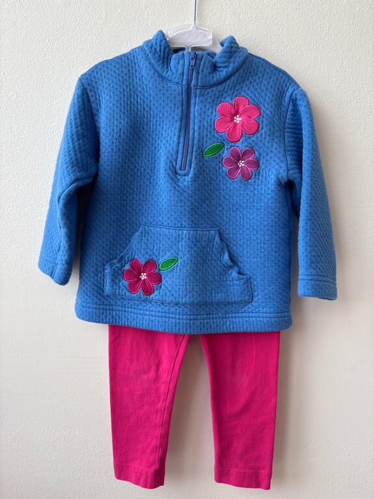 Florence Eiseman | 3T | Blue 1/4 Zip pullover with Flowers + Leggings