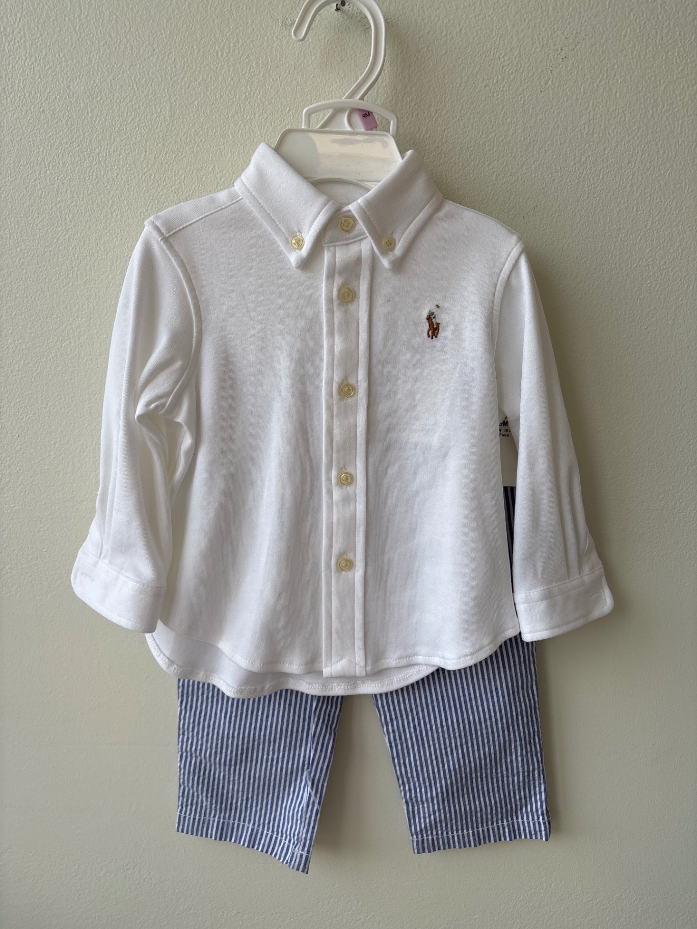 Ralph Lauren | 9 Months | 2 Piece Ensemble - Blue - Button Down + Seersucker Pants with Belt