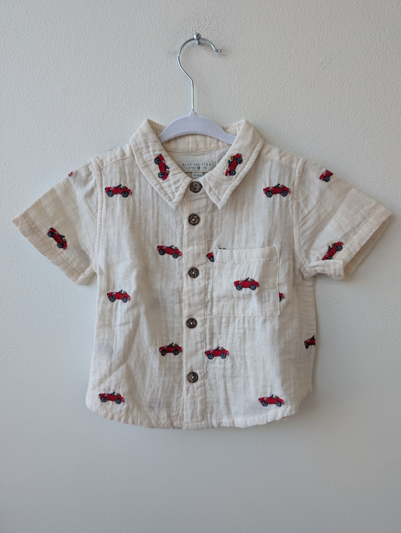 Blue Rooster Shirt - Beige Embroidered Cars | size 18 - 24 Months