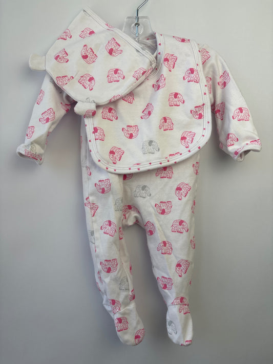 EGG New York Onesie - White Egg Layette Pink Elephants with Bib & Hat | size 3 Months