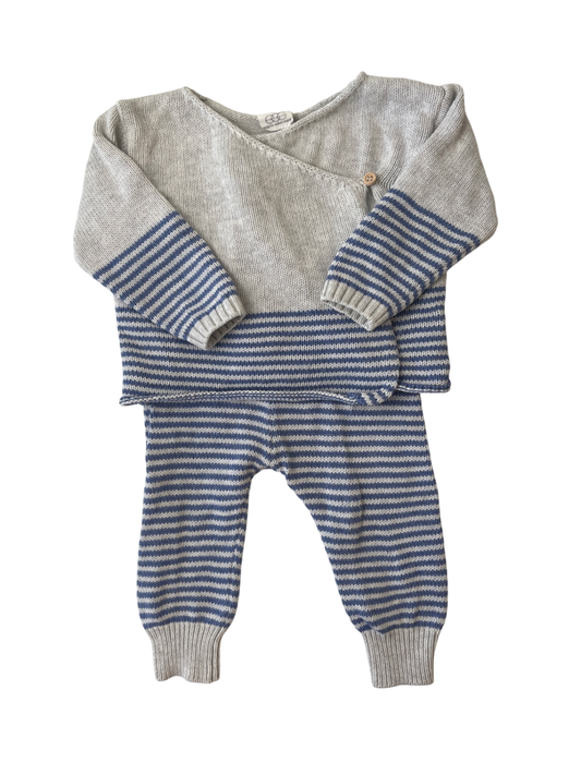 EGG New York 2 Piece Ensemble - Grey- Blue Stripes and Knitted | size 6 Months