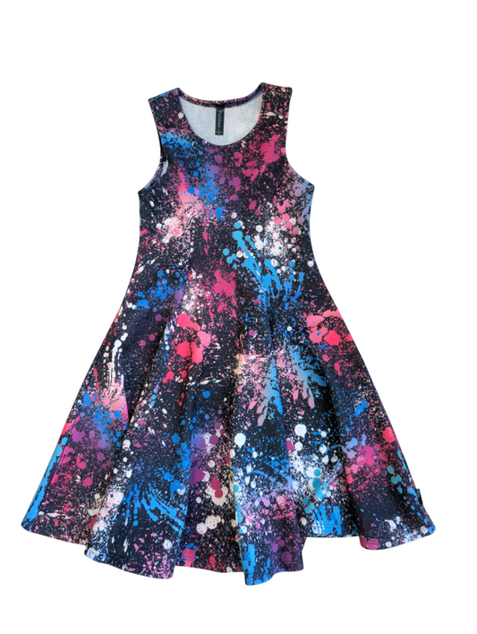 Pixie Lane Dress - Black Splatter Sleeveless Twirl Dress | size 8