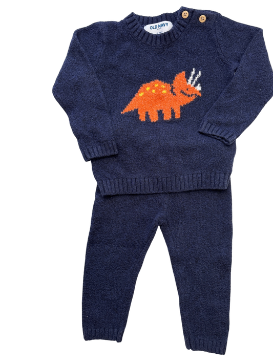 Old Navy 2 Piece Ensemble - Navy SoSoft Crew-Neck Dinosaur Sweater and Bottoms | size 12 - 18 Months