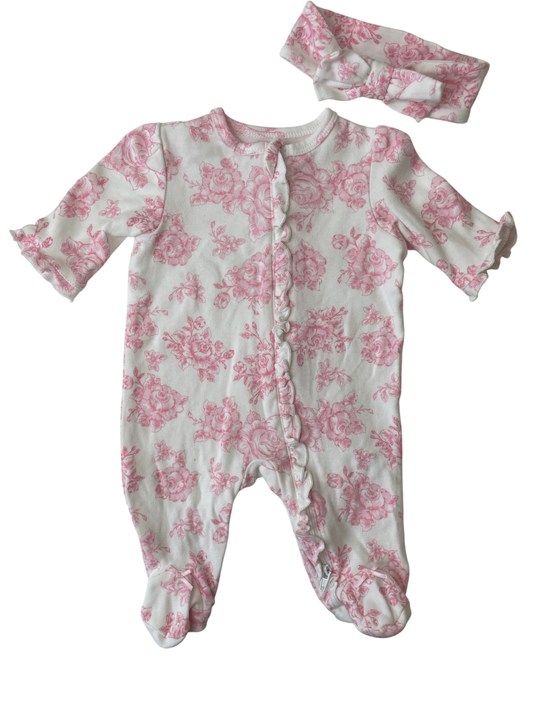 Little Me Onesie - Pink Floral Toile with Headband | size Newborn