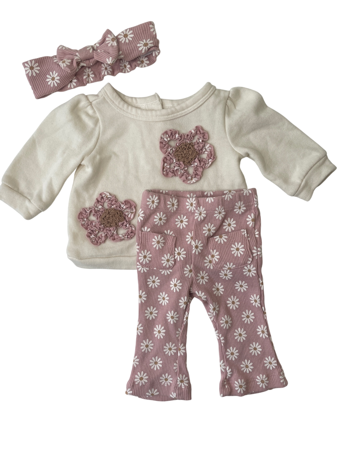 Little Lass 2 Piece Ensemble - Cream/Pink Flower Ribbed with Headband | size 0 - 3 Months