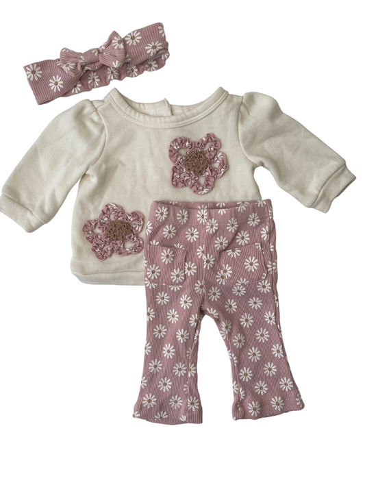 Little Lass 2 Piece Ensemble - Cream/Pink Flower Ribbed with Headband | size 0 - 3 Months
