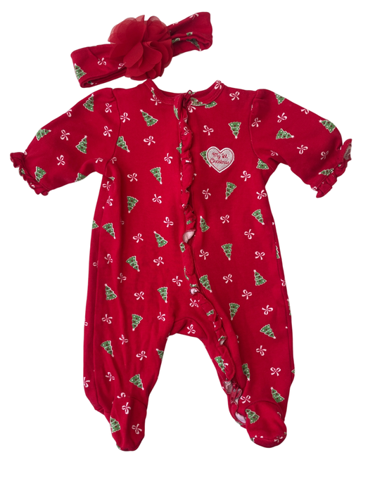 Little Me Onesie - Red Holiday Pattern with Headband | size Newborn