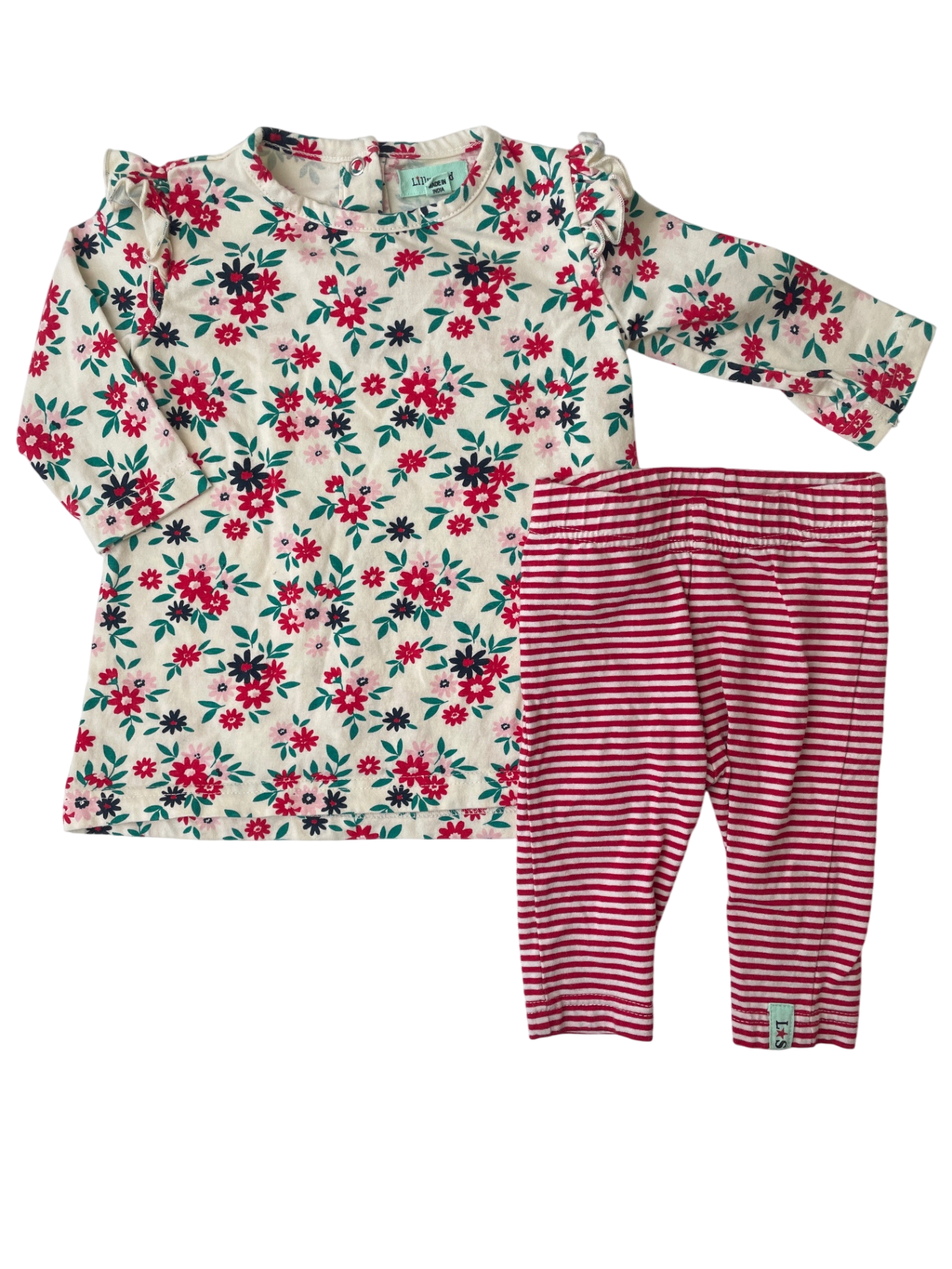 Lilly + Sid 2 Piece Ensemble - Cream/Red Flower Dress Striped Leggings | size 3 - 6 Months