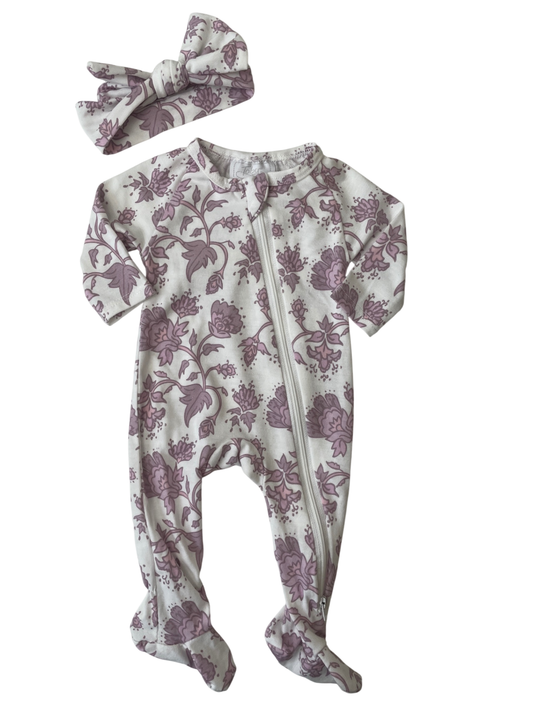 Toby Onesie - Purple Floral with Headband | size Newborn