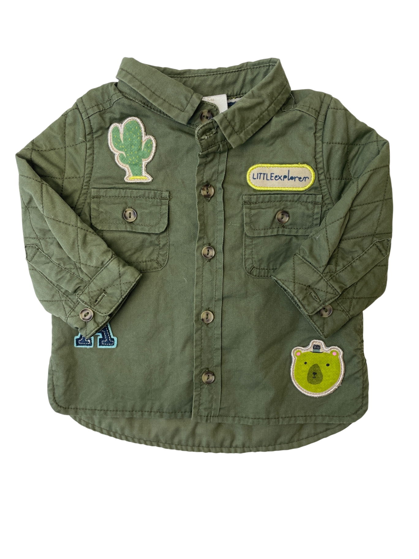 H&M Jacket/Coat - Green Quilted Sleeves + Graphic Patches | size 0 - 1 Months