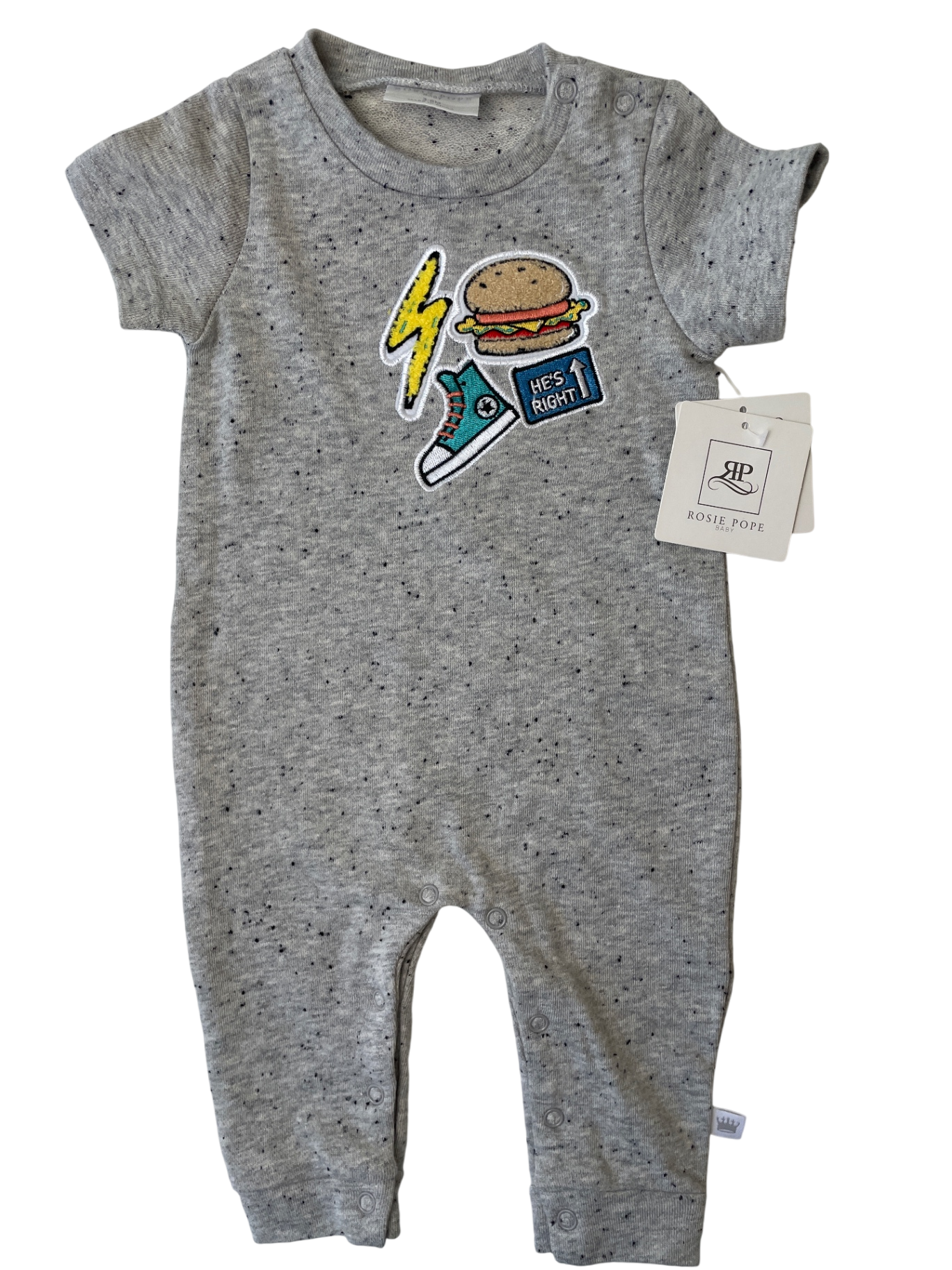 Rosie Pope Onesie - Gray Graphic Patches | size 3 - 6 Months