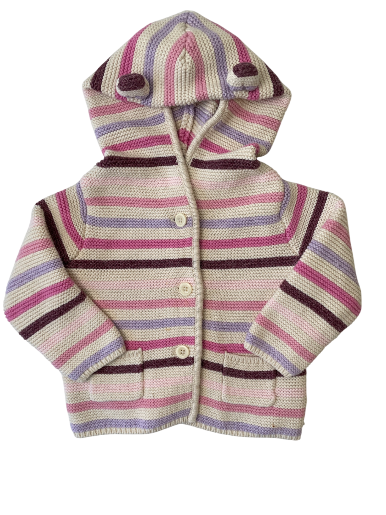 BabyGap Sweater - Cream/Pink Knit Striped Cardigan with Hood/Ears | size 6 - 12 Months