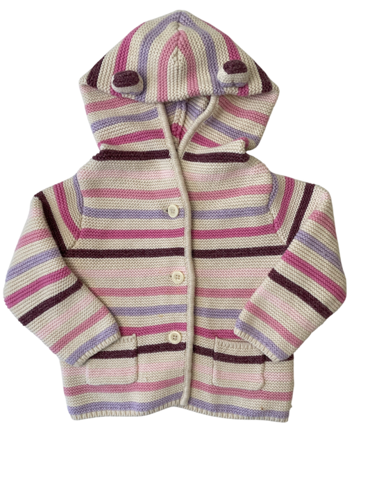 BabyGap Sweater - Cream/Pink Knit Striped Cardigan with Hood/Ears | size 6 - 12 Months