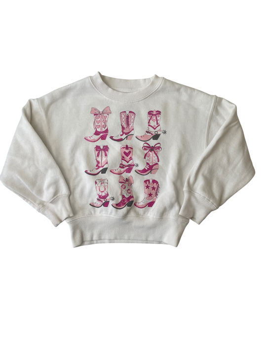 Goodie Two Sleeves Sweatshirt - White Sparkle Cowboy Boots | size 5T