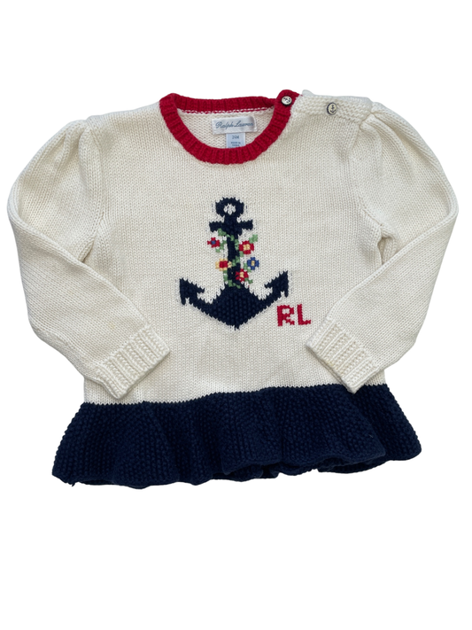 Ralph Lauren Sweater - Cream Knit Anchor + Ruffle | size 24 Months