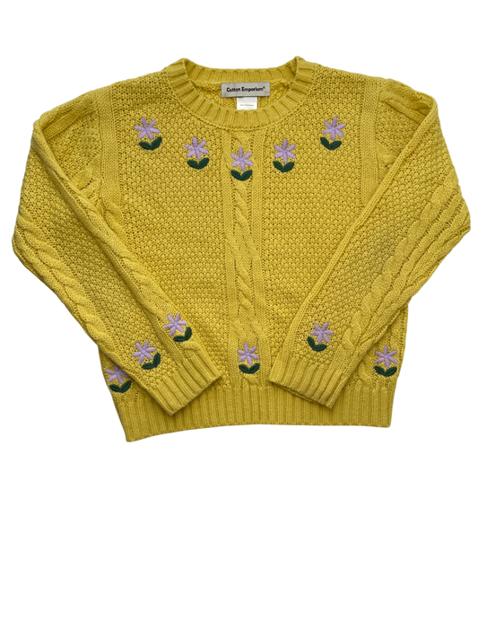 Cotton Emporium Sweater - Yellow Knit Purple Flowers | size 8/10