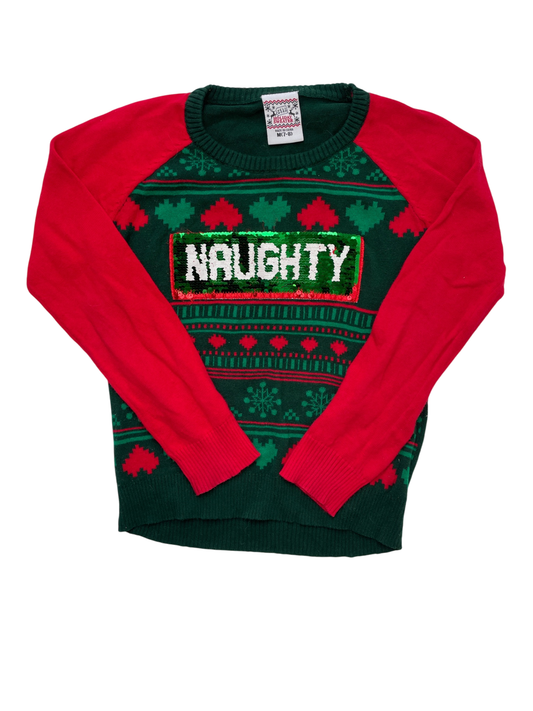Well Worn Holiday Sweater Sweater - Green Christmas Sequin Naughty/Nice | size 7/8