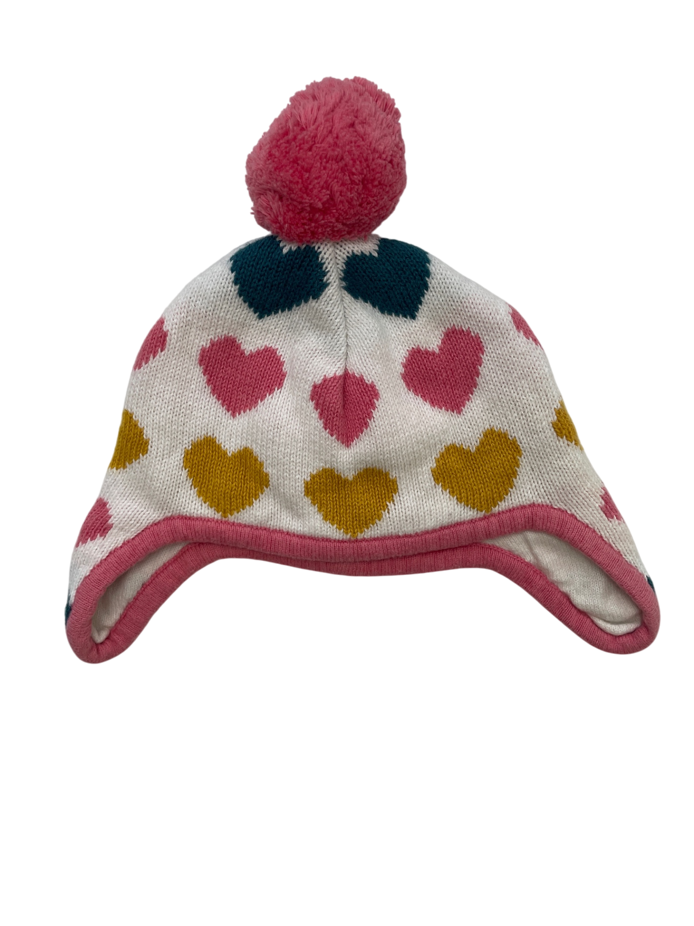 Tucker + Tate Hat - White Knit Heart Pattern + PomPom | size 0 - 12 Months