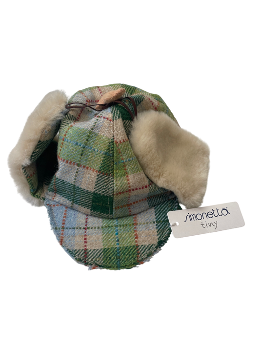 Simonetta Hat - Green Plaid + Fur Trapper Hat Made in Italy | size 3 Months