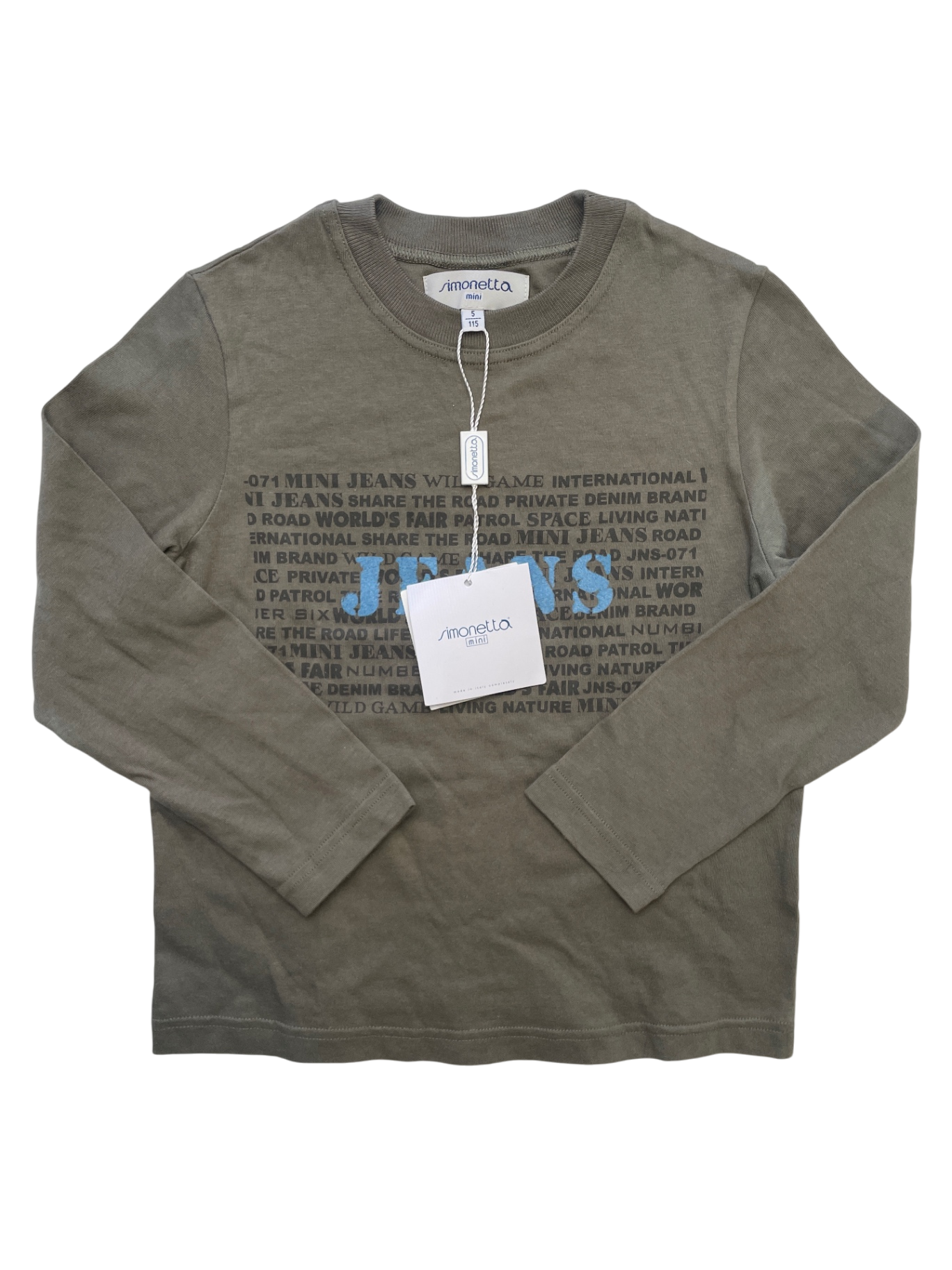 Simonetta Long Sleeve T-Shirt - Green 'JEANS' 100% Cotton Made in Italy | size 5T