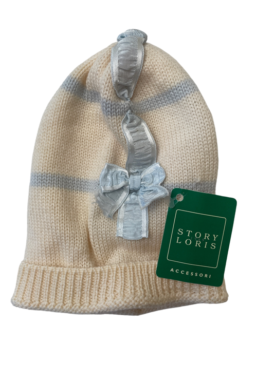 Story Loris Hat - Cream Knit Stripes w/ Ribbon 100% Wool Made in Italy | size 3 Months