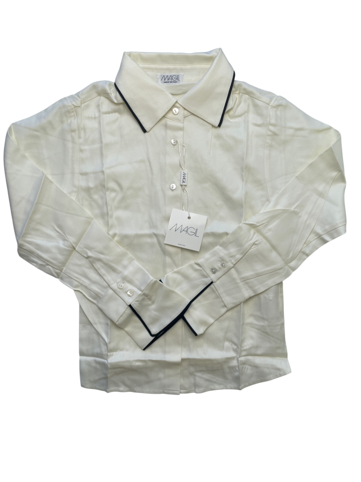 Magil Shirt - Cream Button Up Black Trim 100% Cotton Made in Italy | size 12