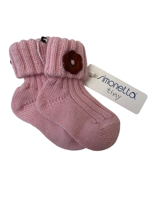 Simonetta Socks - Pink Knit Wooden Button Made in Italy | size 3 Months