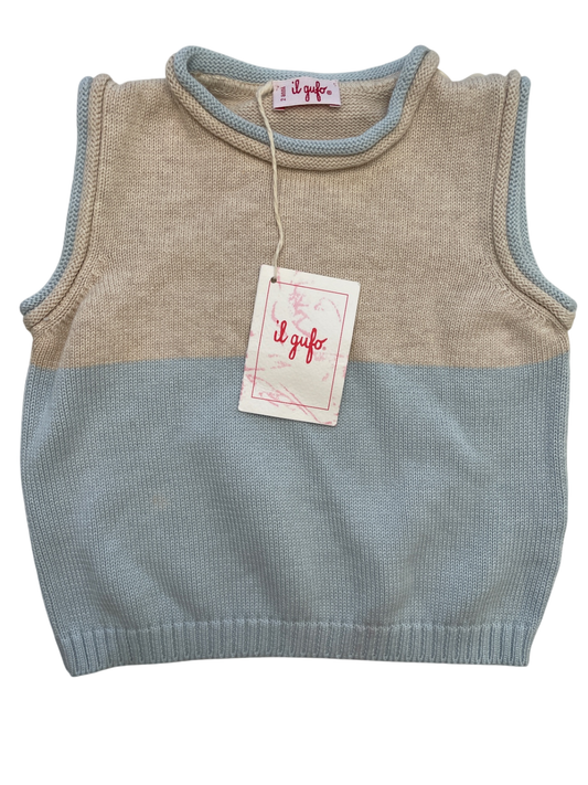 il gufo Sweater - Cream/Blue Knit Color-block Vest 100% Cotton | size 2T