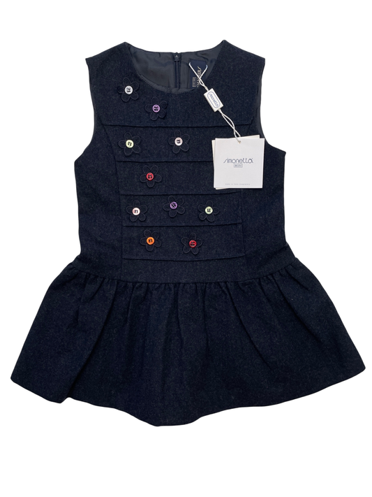 Simonetta Dress - Navy Blue Wool Button Flowers Made in Italy | size 2T