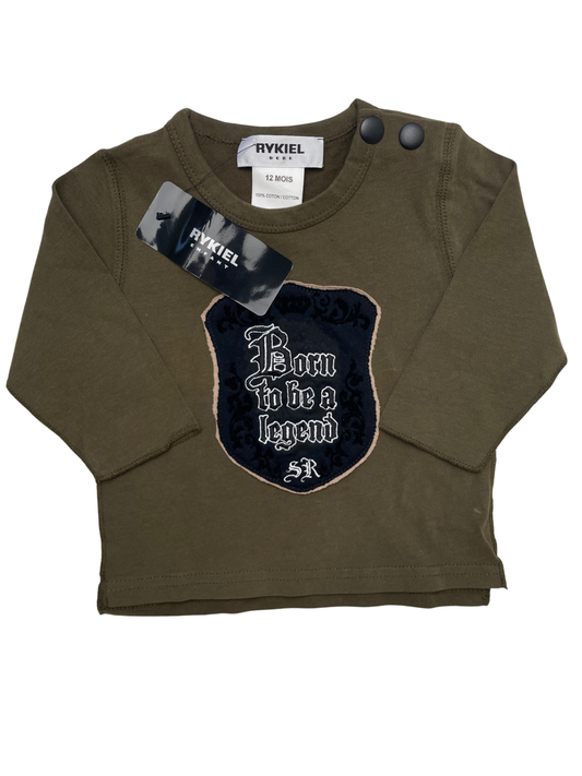 Rykiel Long Sleeve T-Shirt - Green 'Born to be a legend' Velvet Patch 100% Cotton | size 12 Months