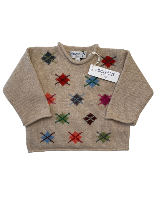 Simonetta Sweater - Tan Knit Geometric Design 100% Wool Made in Italy | size 3 Months