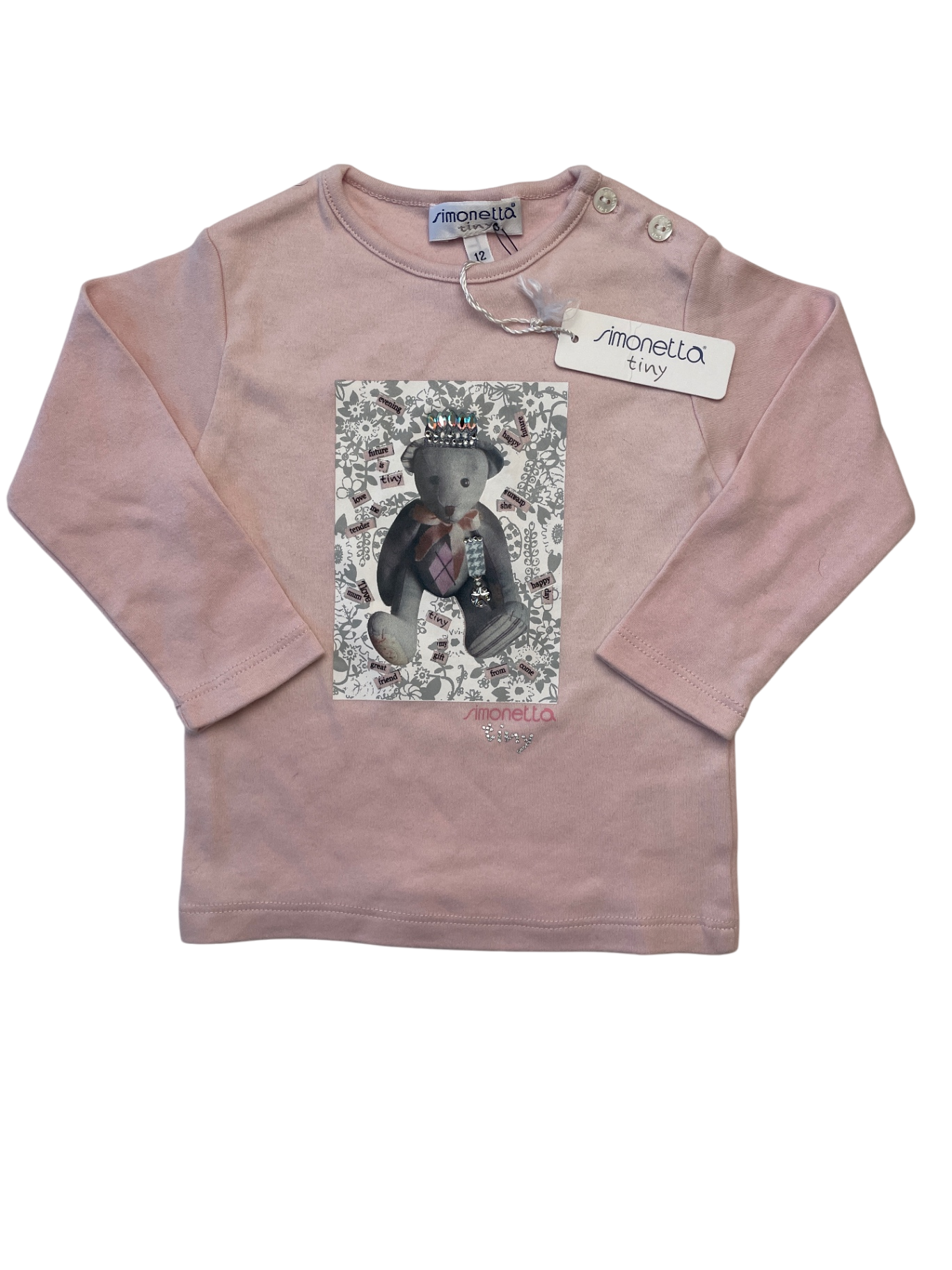 Simonetta Shirt - Pink Bear/Rhinestone Graphic 100% Cotton Made in Italy | size 12 Months