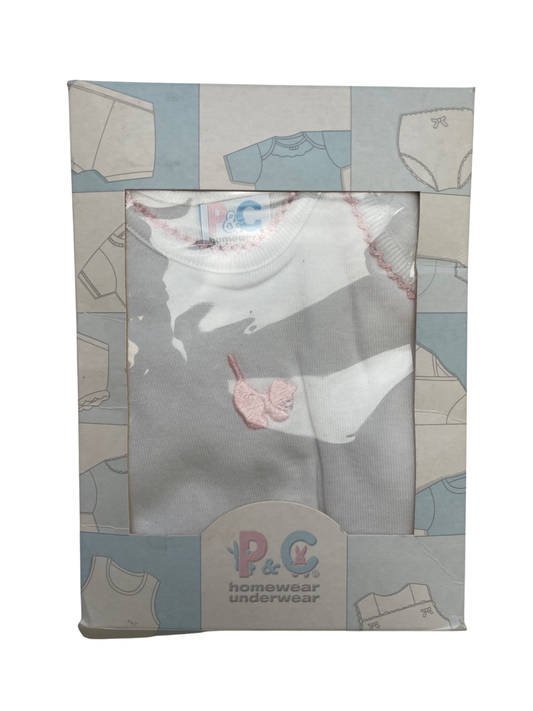 P & C Onesie - White Cat Embroidery Short Sleeve Pink Trim 100% Cotton Made in Italy | size 6 Months