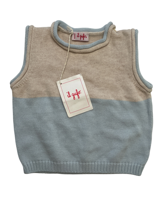 il gufo Sweater - Cream/Blue Knit Color-block Vest 100% Cotton | size 18 Months