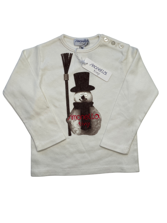 Simonetta Long Sleeve T-Shirt - White Snowman Graphic 100% Cotton Made in Italy | size 18 Months