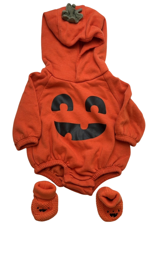 Old Navy Halloween Costume - Orange Hooded Fleece One-Piece Romper for Baby + booties | size 0 - 3 Months