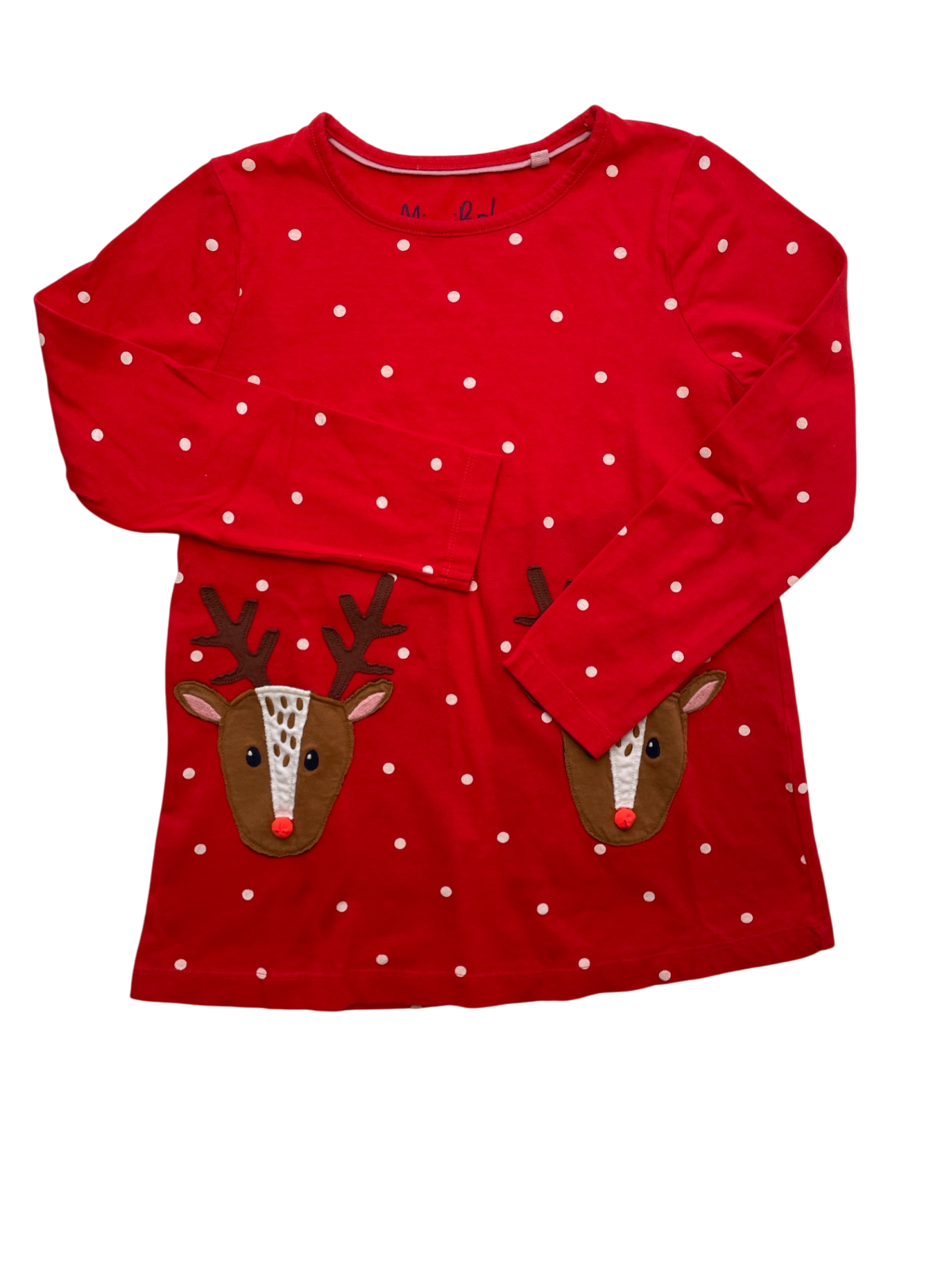 Mini Boden Long Sleeve T-Shirt - Red Reindeer Pockets Polka Dot | size 8/9
