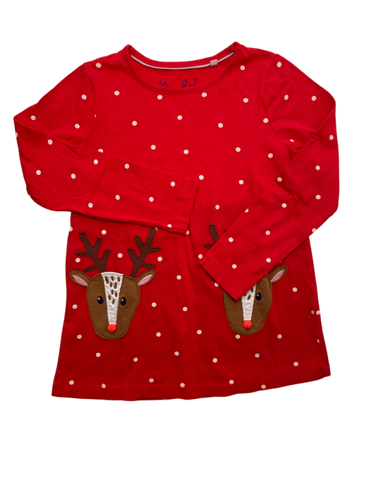 Mini Boden Long Sleeve T-Shirt - Red Reindeer Pockets Polka Dot | size 8/9
