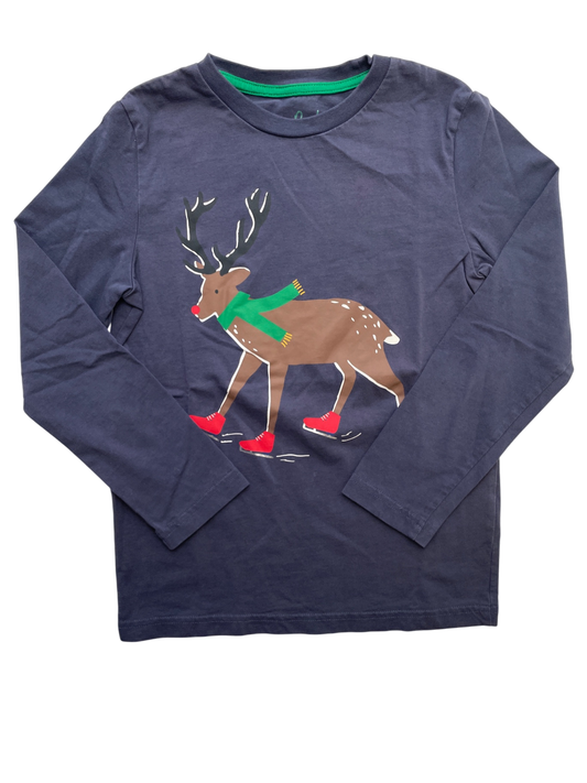 Mini Boden Long Sleeve T-Shirt - Navy Blue Ice Skating Reindeer | size 7/8