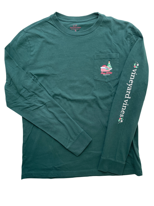 Vineyard Vines Long Sleeve T-Shirt - Green Happy Holidays Graphic | size 18