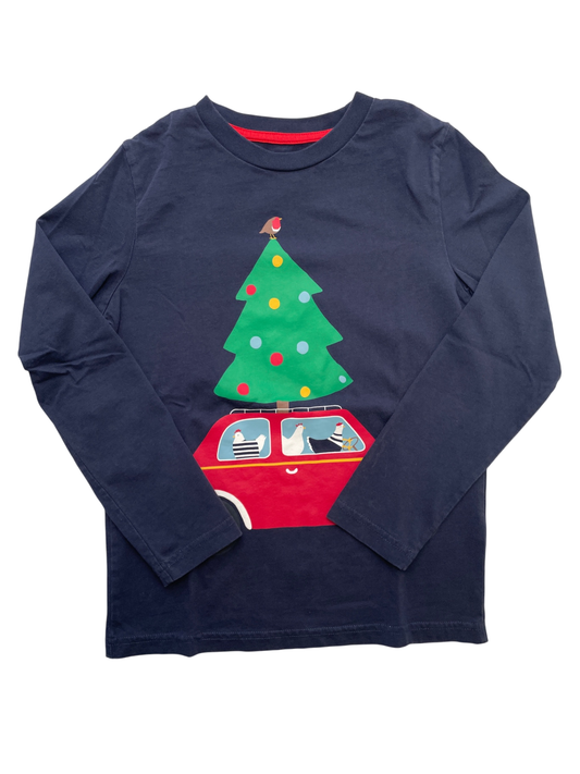 Mini Boden Long Sleeve T-Shirt - Navy Blue Car w/ Tree + Chickens | size 7/8