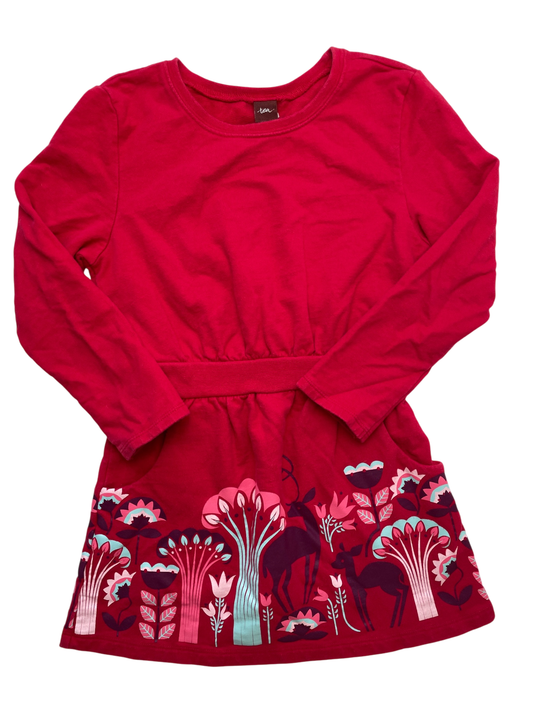 Tea Dress - Red Long Sleeve Deer + Plants Graphic | size 6