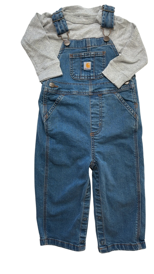 Carhartt 2 Piece Ensemble - Blue Denim Overalls & Long Sleeve Bodysuit | size 18 Months