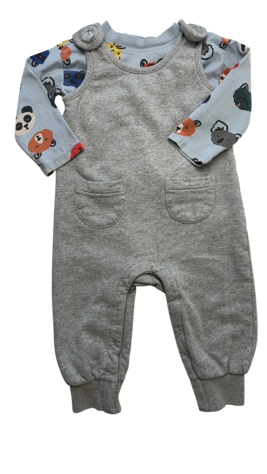 Hanna Andersson 2 Piece Ensemble - Gray Baby Long Sleeve T-Shirt & Overalls Set | size 18 - 24 Months