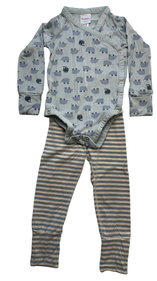 Hanna Andersson 2 Piece Ensemble - Blue Lamb Pattern Baby Layette Wrap Top & Wiggle Pants in HannaSoft | size 18 - 24 Months