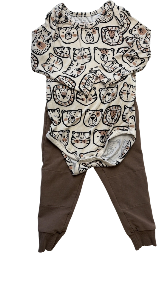 Little Sleepies 2 Piece Ensemble - Brown Lions, Tigers, Bears Bodysuit & Joggers | size 18 - 24 Months