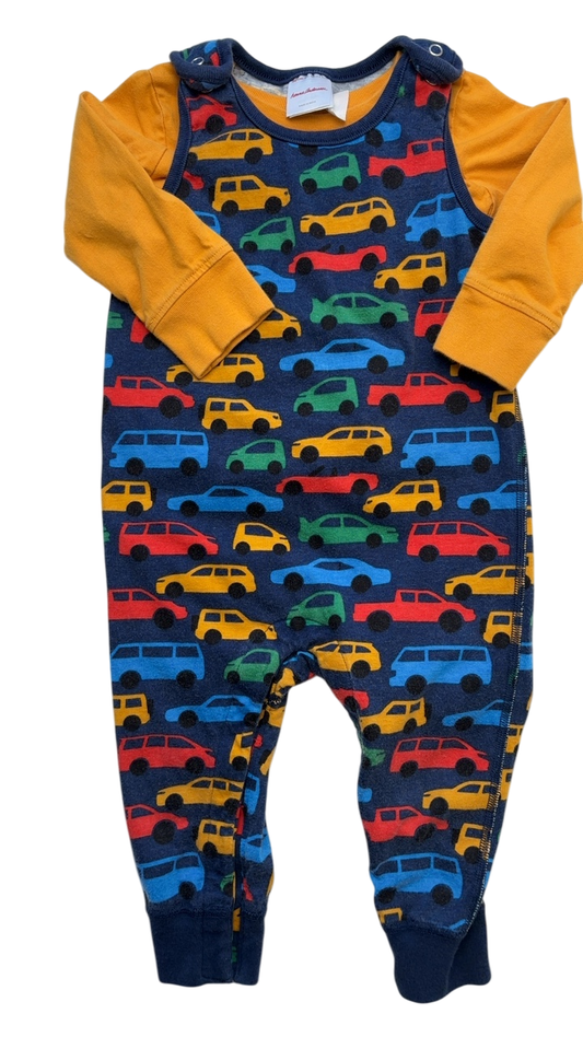Hanna Andersson 2 Piece Ensemble - Blue Car Baby Long Sleeve T-Shirt & Overalls Set | size 18 - 24 Months