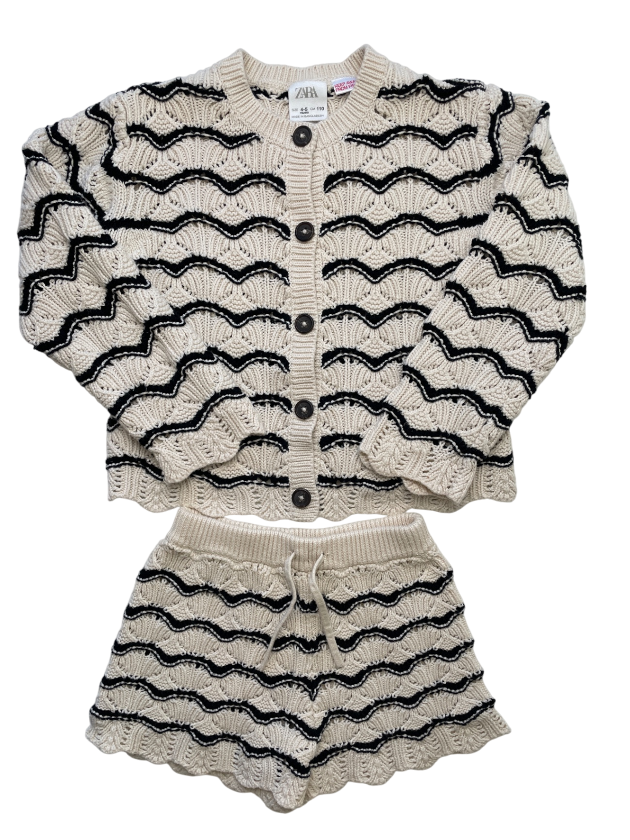 Zara 2 Piece Ensemble - Cream Knit Chevron Cardigan + Shorts | size 4T/5T
