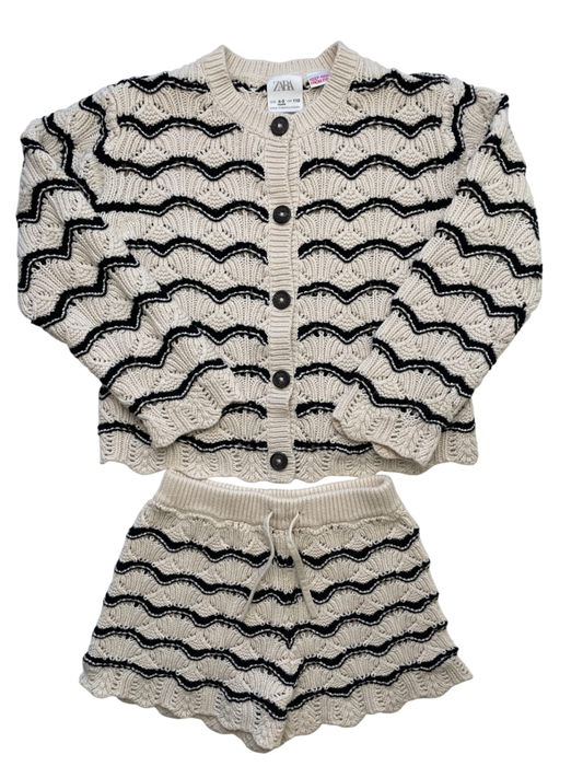 Zara 2 Piece Ensemble - Cream Knit Chevron Cardigan + Shorts | size 4T/5T